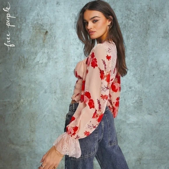 FREE PEOPLE Daphne Rose/Floral Long Sleeve Sheer Lace Ruched Blouse-Sm NWT - Picture 10 of 16